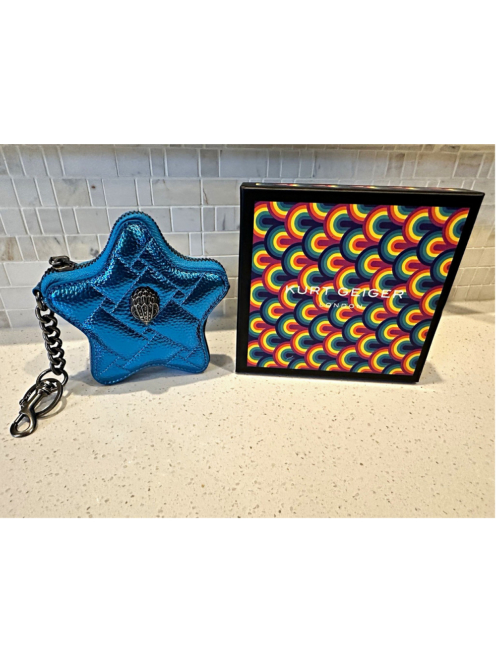 Kurt Geiger London Blue Star Quilted Zip-Around Coin Wallet Purse Chain